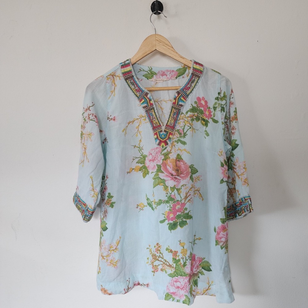 Soft Surroundings Linen Top PS 3/4 Sleeve Embroidered Floral Tunic